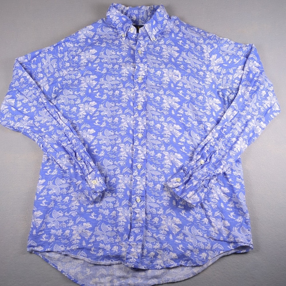 Polo Ralph Lauren Hawaiian Shirt Mens Large Blue White Chambray Long Sleeve